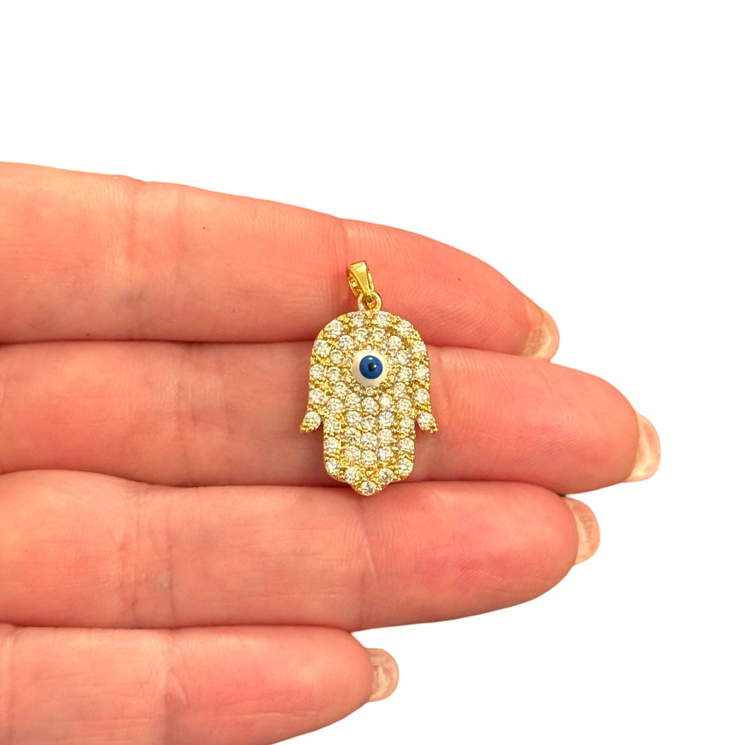 24Kt Gold Plated Hamsa Hand Pendant with Evil Eye &amp; CZ Charm with Bail