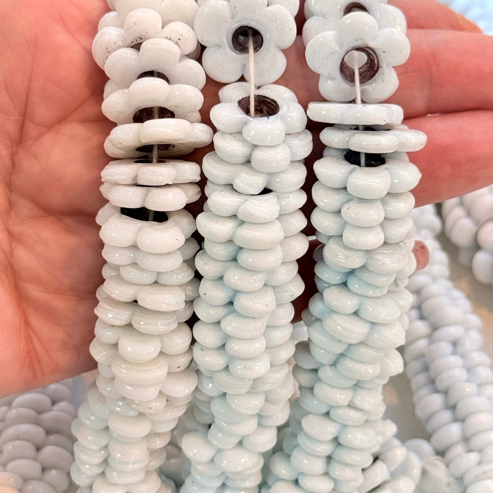Hand Made Murano Glass Large Hole White Flower Beads, 25 Beads in a pack