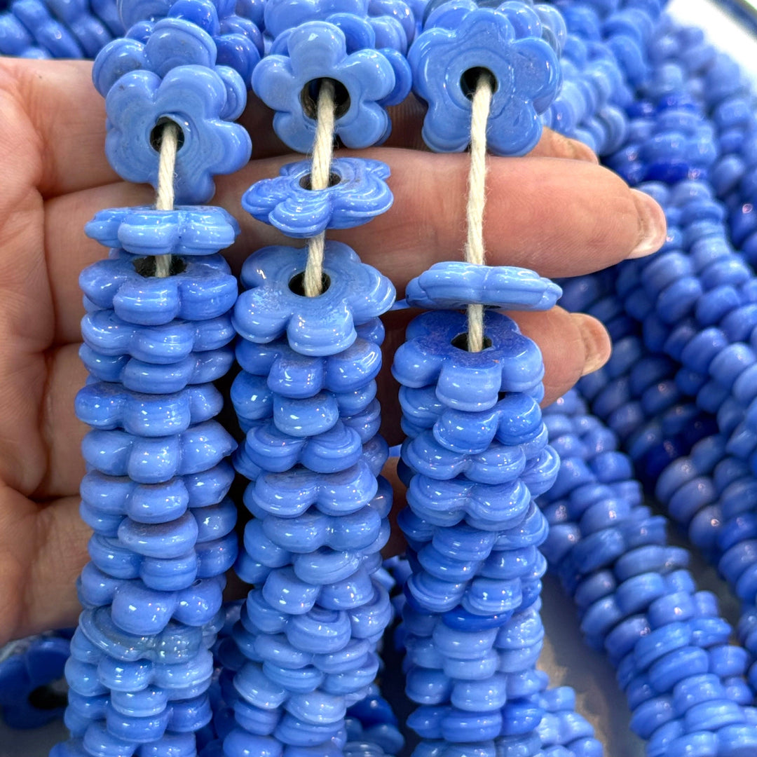 Hand Made Murano Glass Large Hole Agate Blue Flower Beads, 25 Beads in a pack
