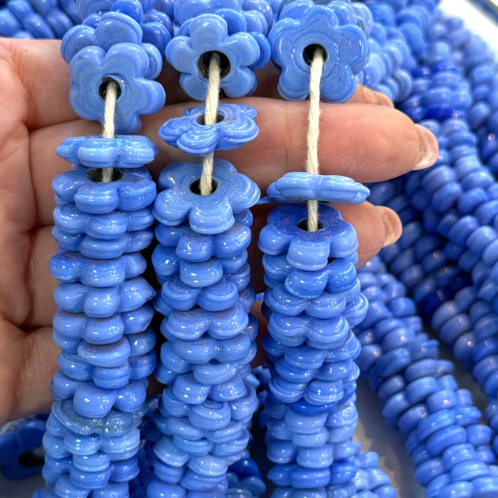 Hand Made Murano Glass Large Hole Agate Blue Flower Beads, 25 Beads in a pack