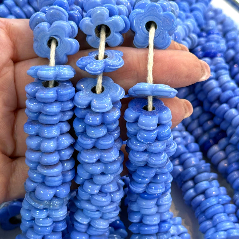 Hand Made Murano Glass Large Hole Agate Blue Flower Beads, 25 Beads in a pack