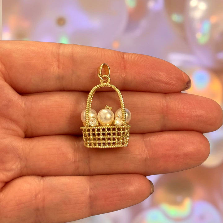 24K Gold Plated Brass Pearl Basket Charm – 3D