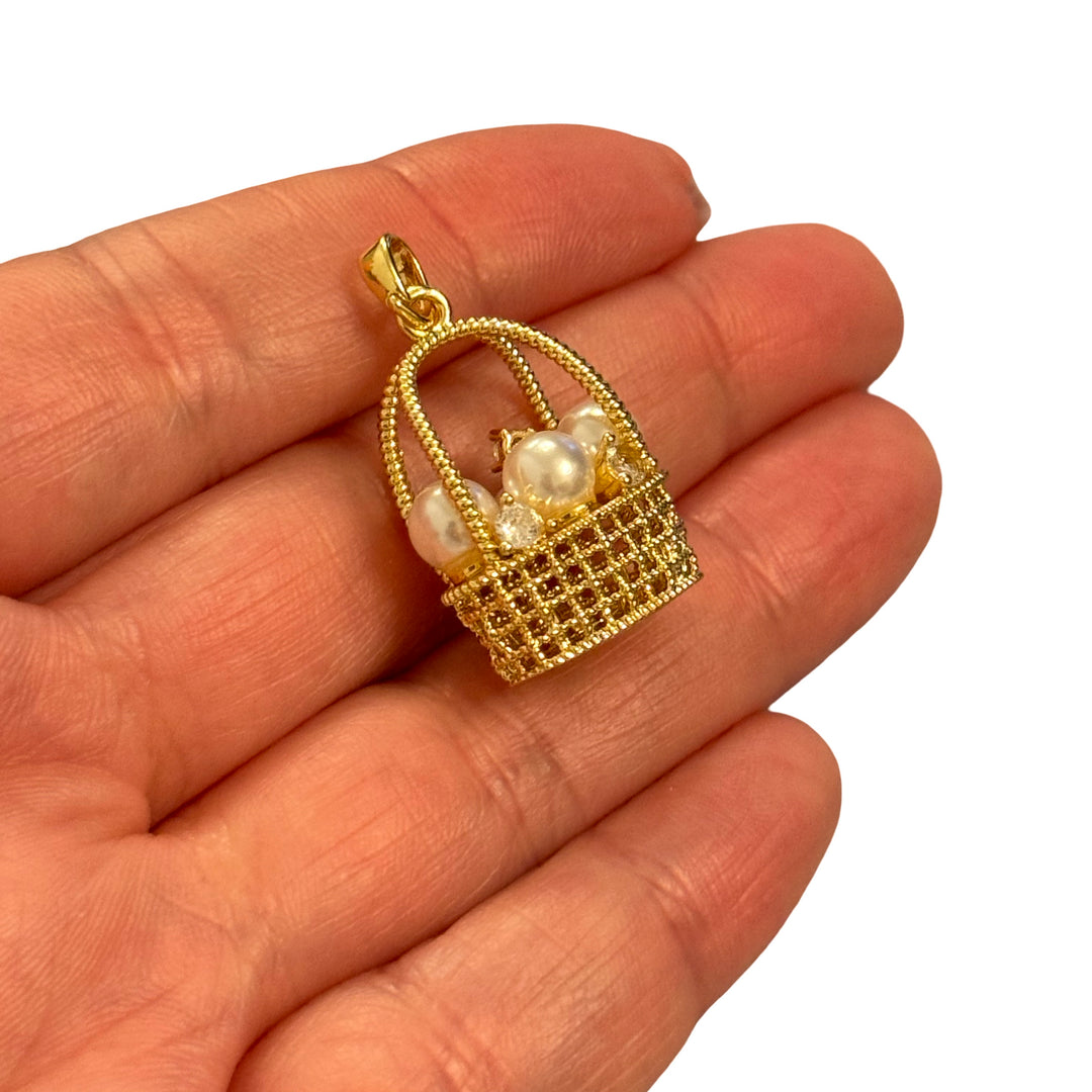 24K Gold Plated Brass Pearl Basket Charm – 3D