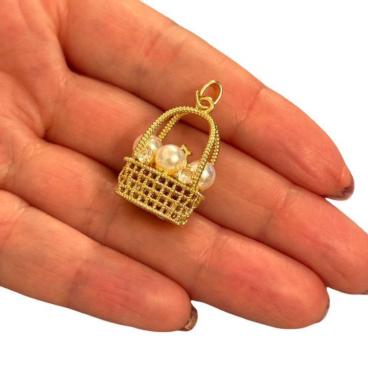 24K Gold Plated Brass Pearl Basket Charm – 3D