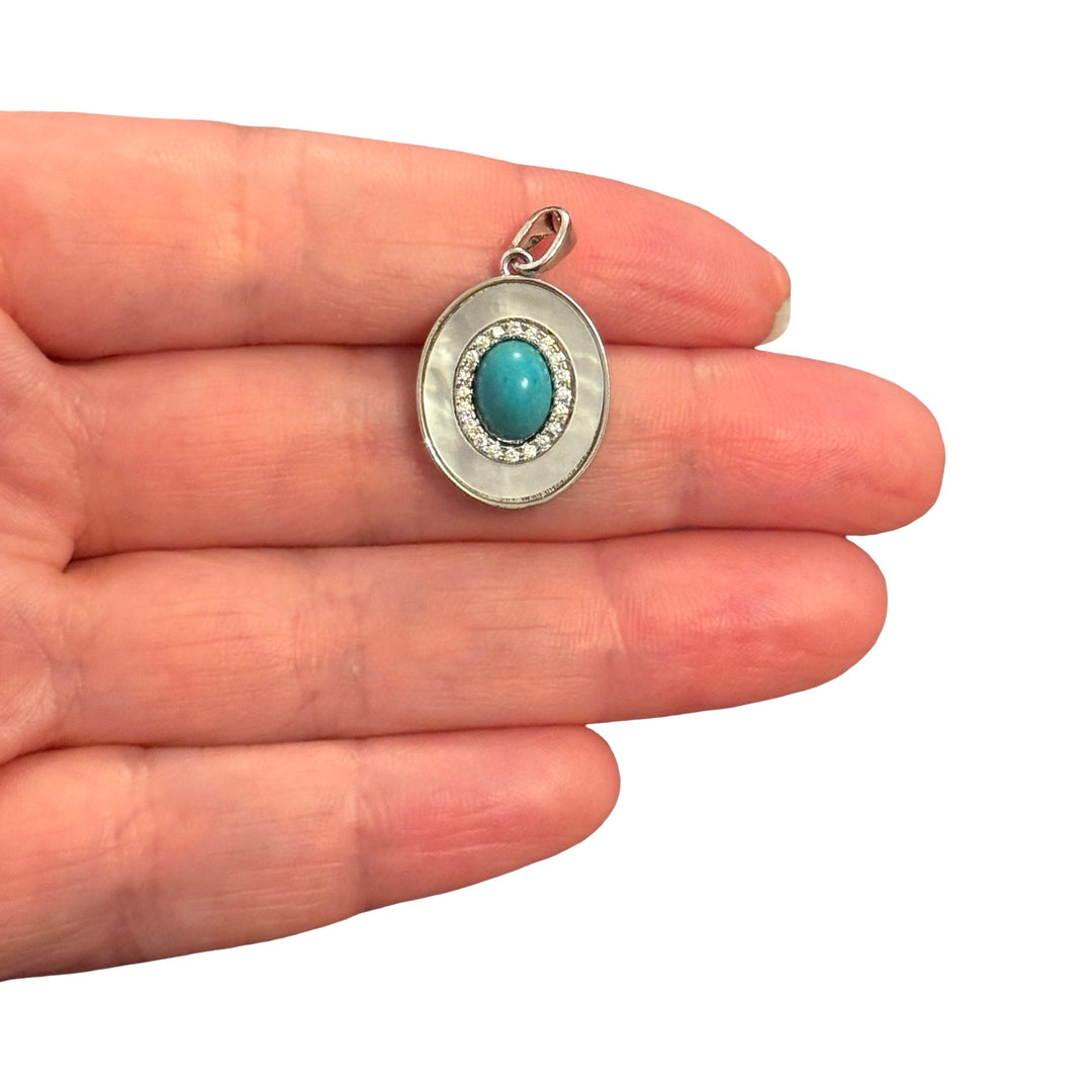 Rhodium Plated Pearly Oval Pendant – Turquoise Cabochon &amp; CZ Charm, Pearl Effect Enamel, 27x15mm