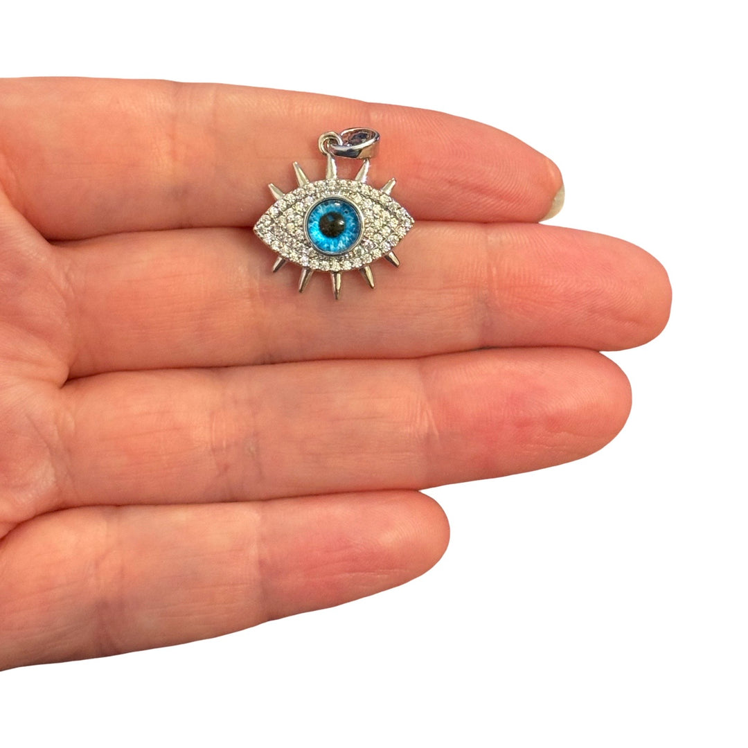 Rhodium Plated Blue Evil Eye Pendant – CZ Protection Eye Charm, 24x19mm