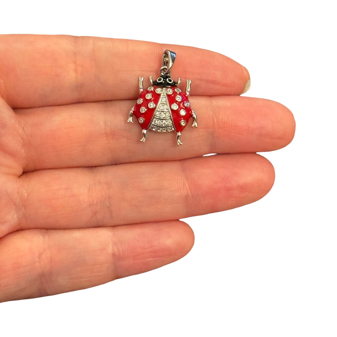 Rhodium Plated Red Ladybird Pendant – Enamel &amp; CZ Ladybug Charm, 25x18mm