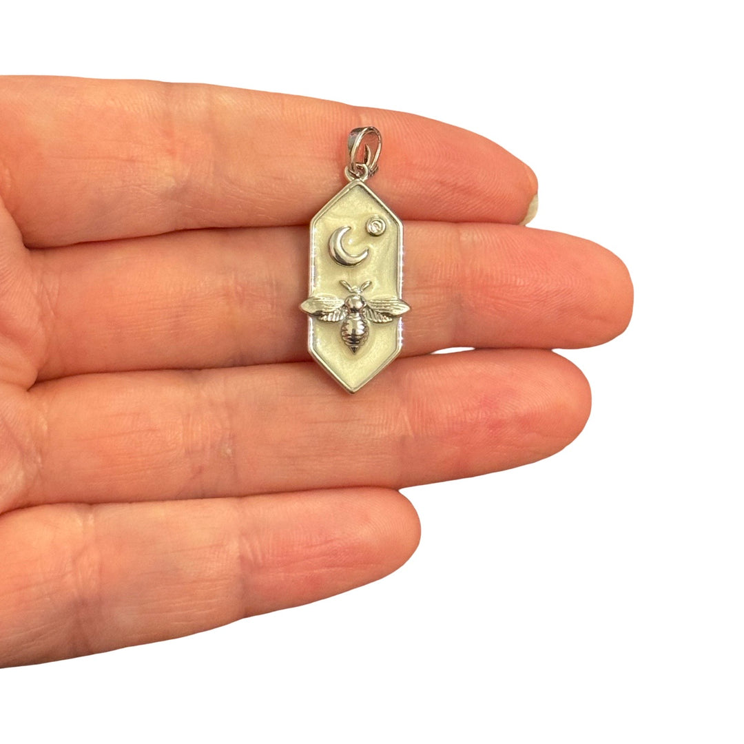 Rhodium Plated Bee Moon Pendant – Pearly Enamel Hexagon Charm with CZ, 32x13mm