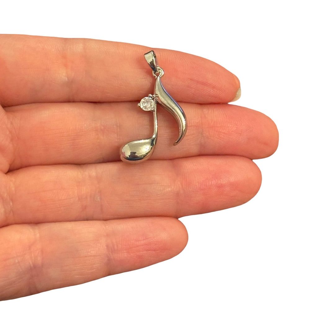 Rhodium Plated Musical Note Pendant with CZ – Treble Quaver Charm, 30x17mm