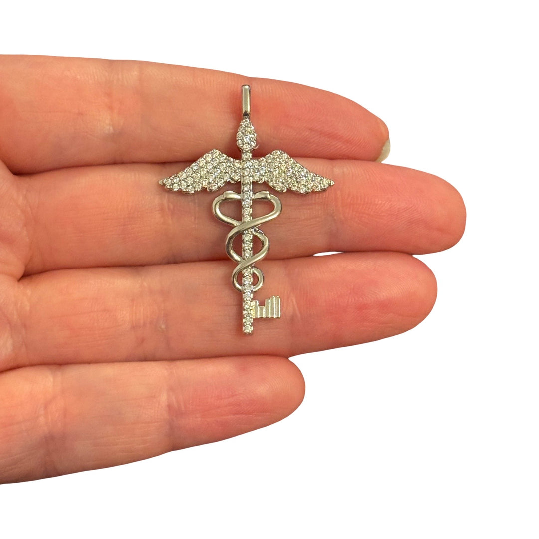 Rhodium Plated Caduceus Key Pendant with Cubic Zirconia – Medical Symbol Charm, 40x28mm