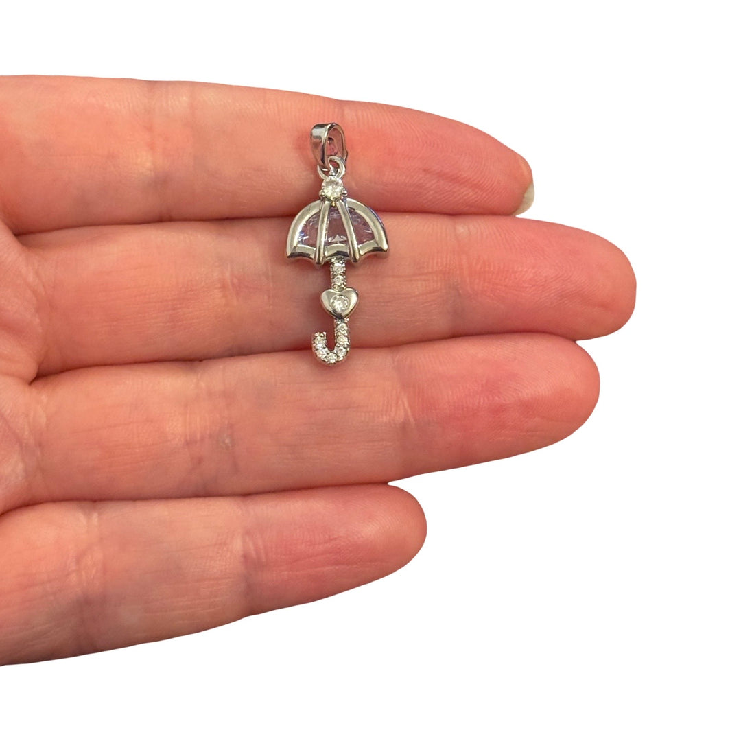 Rhodium Plated Umbrella Pendant with Cubic Zirconia – Sparkly Umbrella Charm, 28x12mm