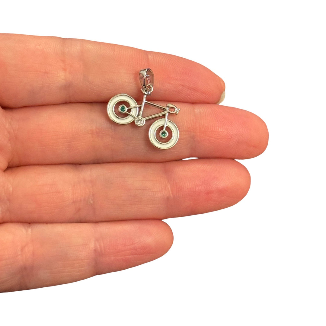 Rhodium Plated White Enamel Bicycle Pendant with Cubic Zirconia – Cycling Charm, 18x21mm