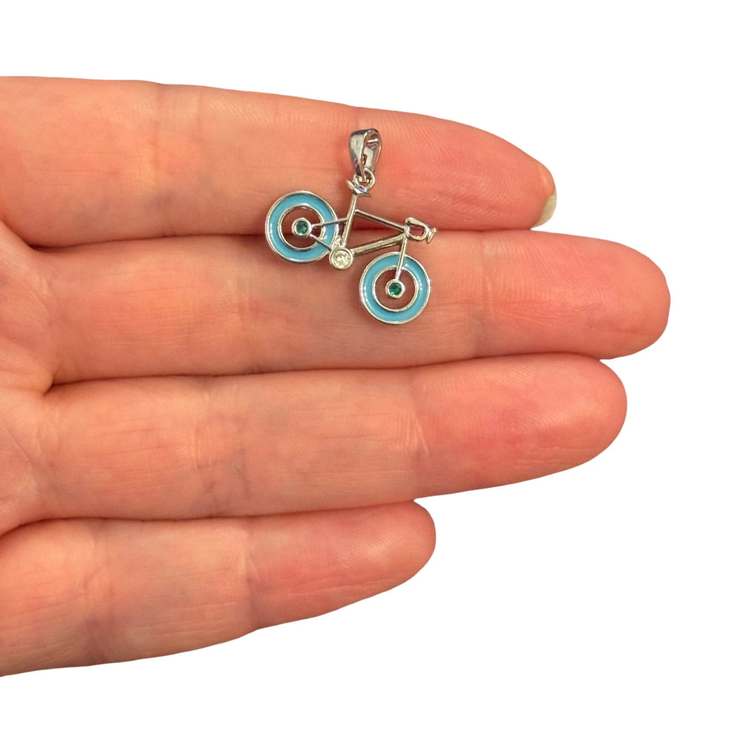 Rhodium Plated Blue Enamel Bicycle Pendant with Cubic Zirconia – Cycling Charm, 18x21mm