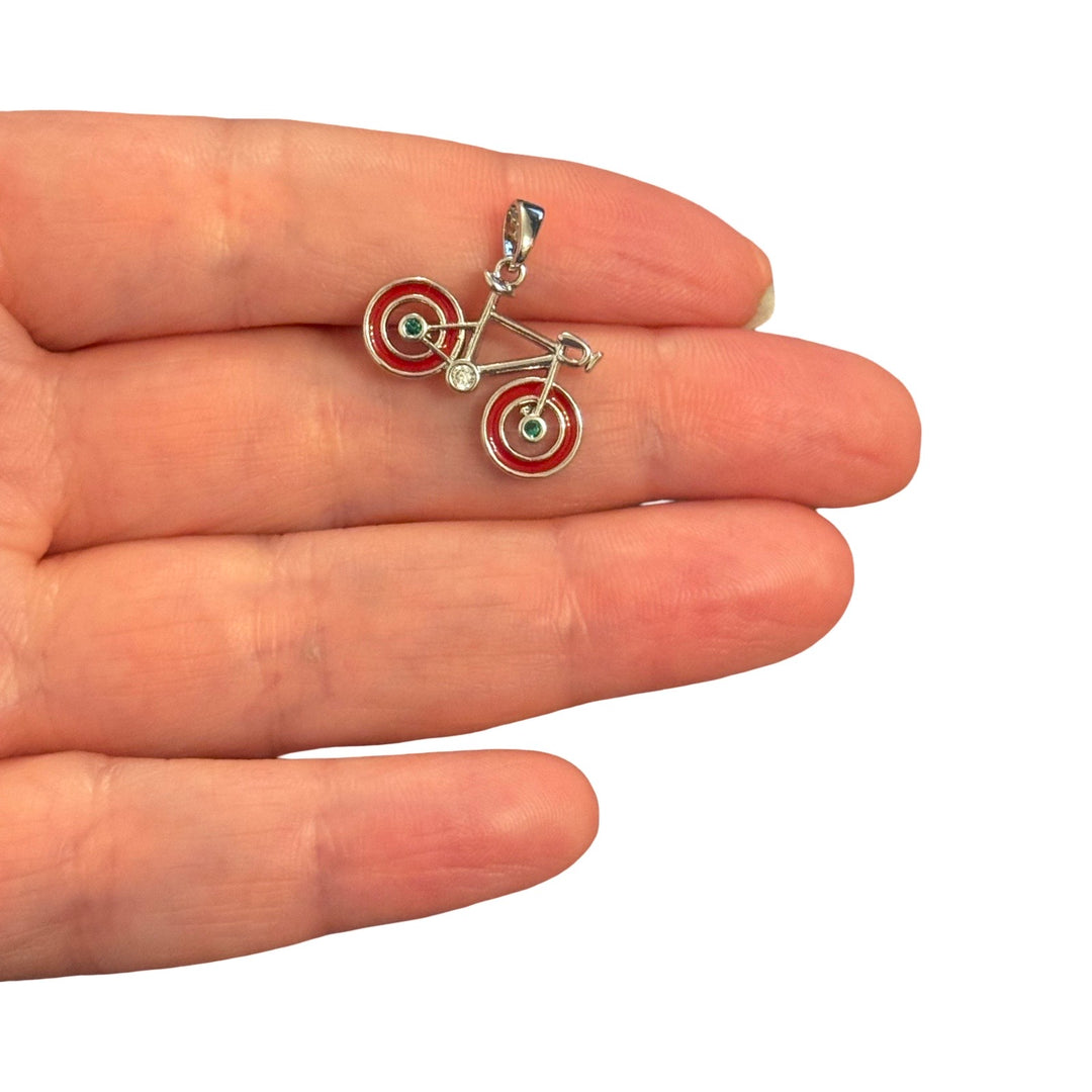 Rhodium Plated Red Enamel Bicycle Pendant with Cubic Zirconia – Cycling Charm, 18x21mm