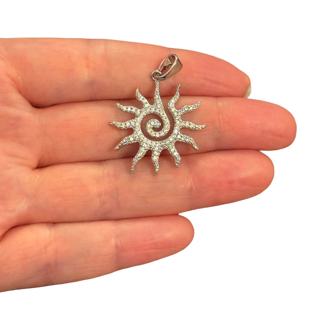Rhodium Plated Spiral Sun Pendant with Cubic Zirconia – Celestial Sun Charm, 36x27mm