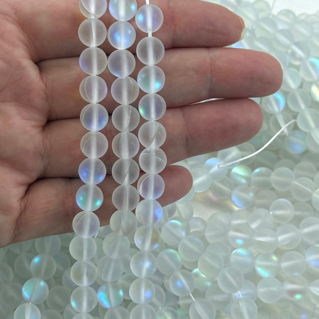 Aurora Borealis Frosted White Mermaid Beads – Iridescent Frosted Hydrothermal Quartz Round Beads 8mm, Approx 47 Beads per Strand