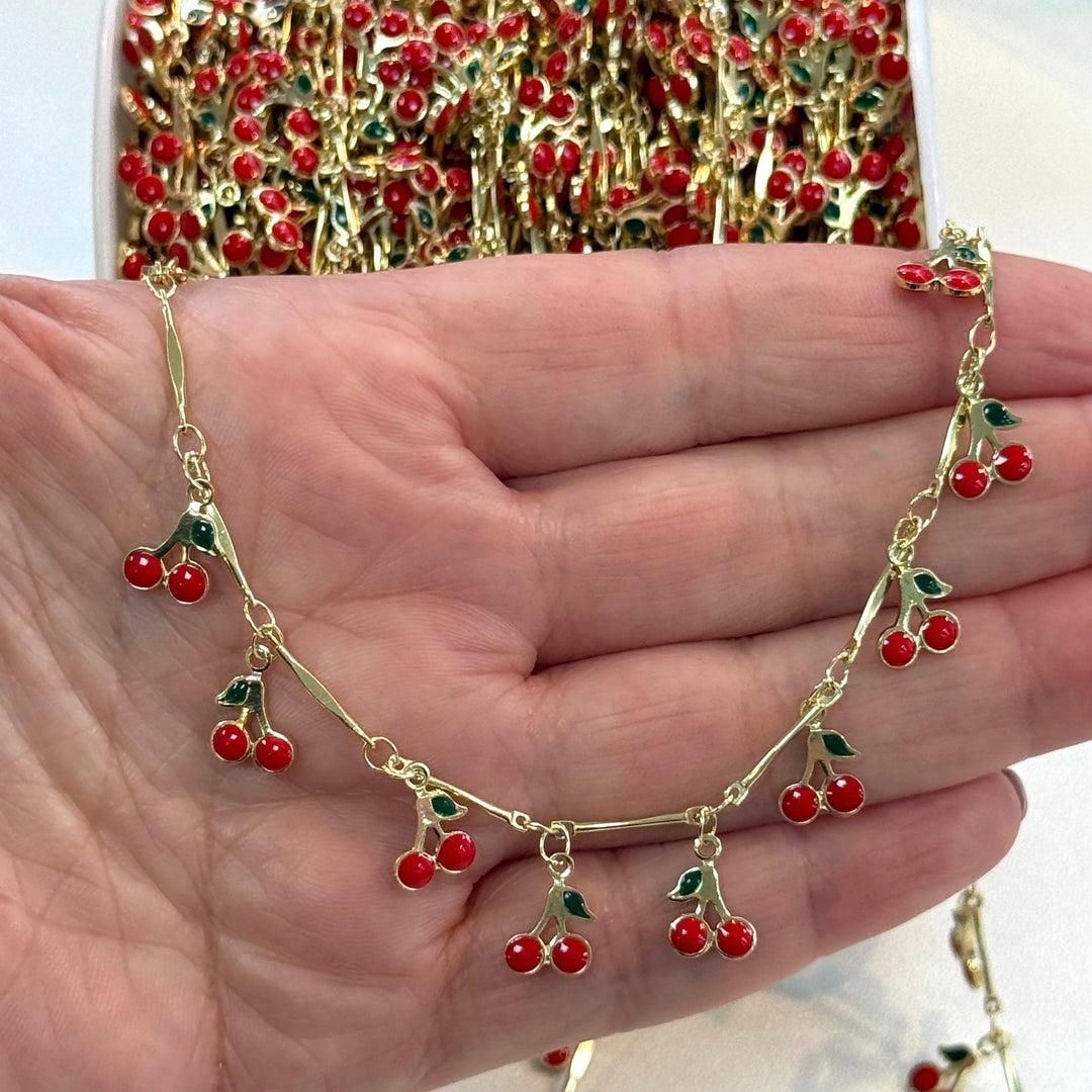 24K Gold Plated Brass Bar &amp; Cherry Charm Chain – Enamel Cherry Link Chain