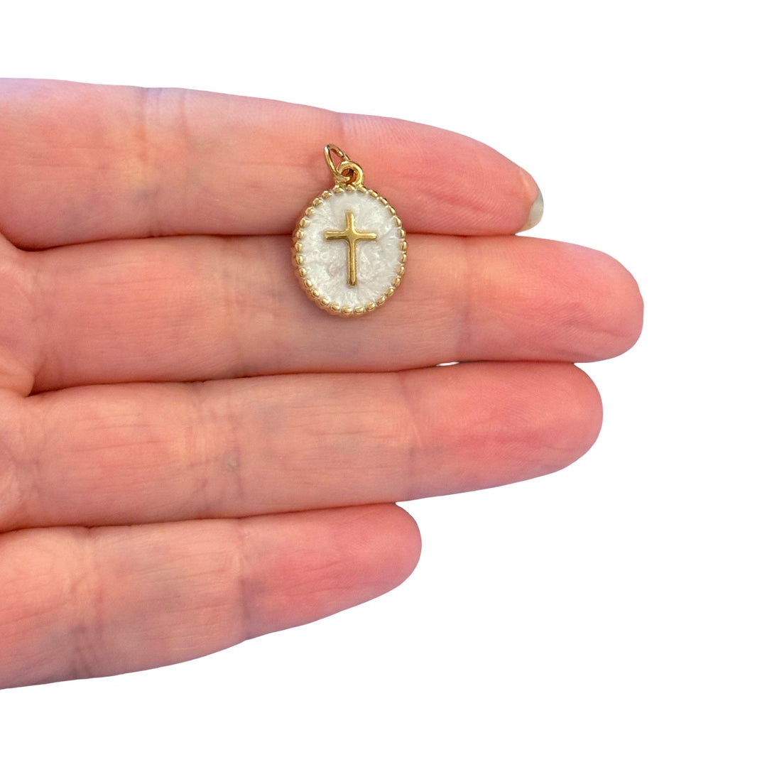 24Kt PVD Gold Plated White Enamel Cross Oval Pendant