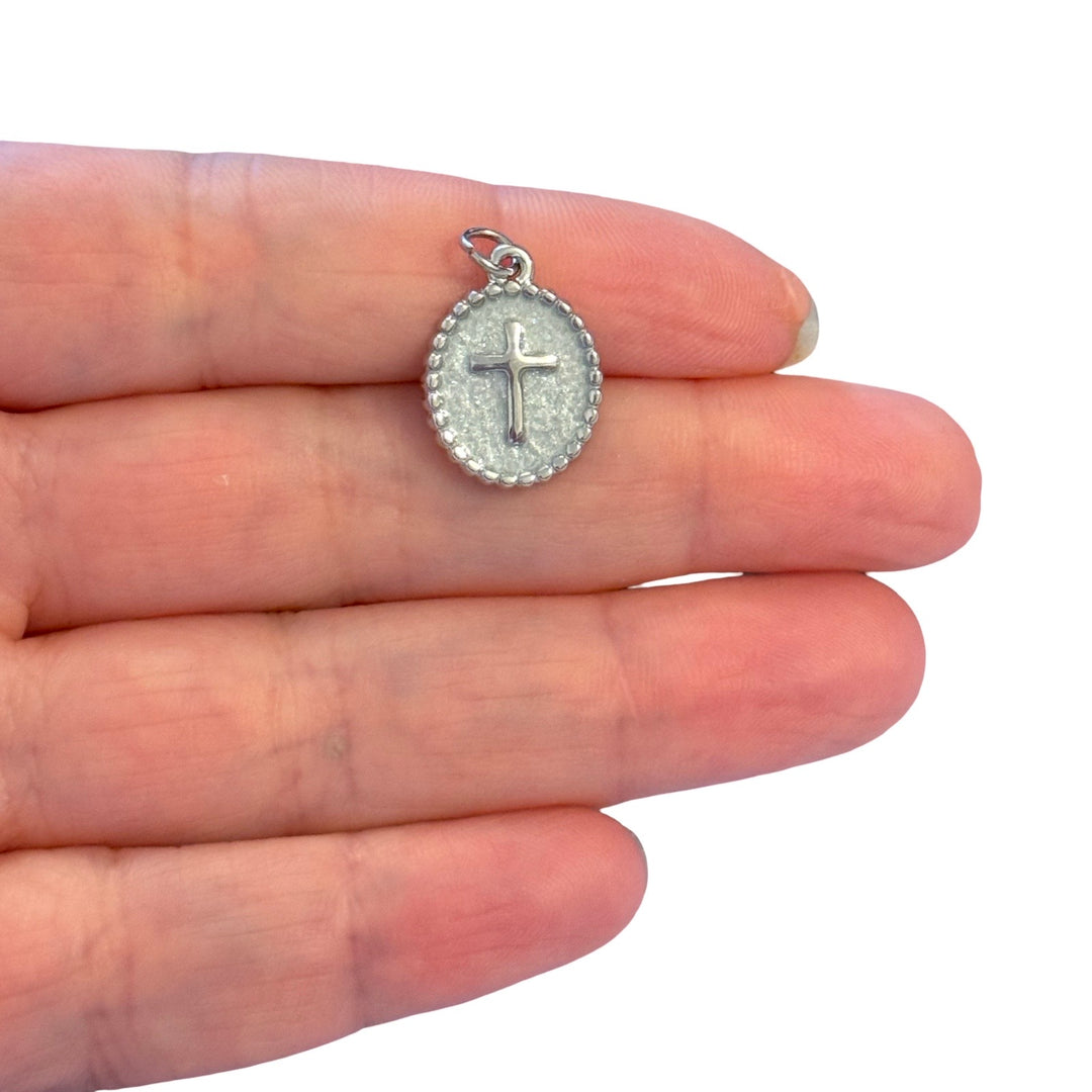 316L Stainless Steel White Enamel Cross Oval Pendant