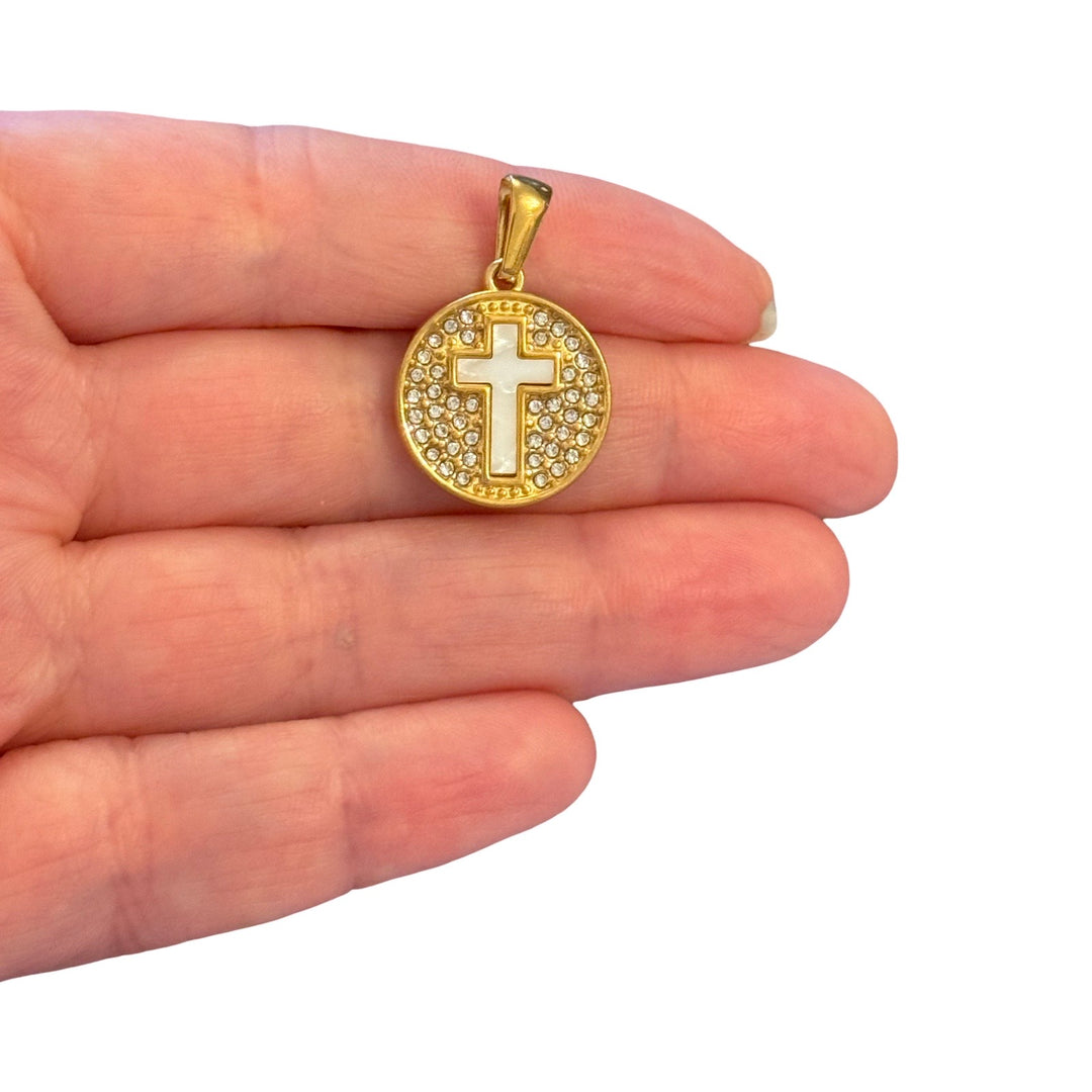 Waterproof 24Kt PVD Gold Plated 316L Stainless Steel CZ Cross Medallion Pendant