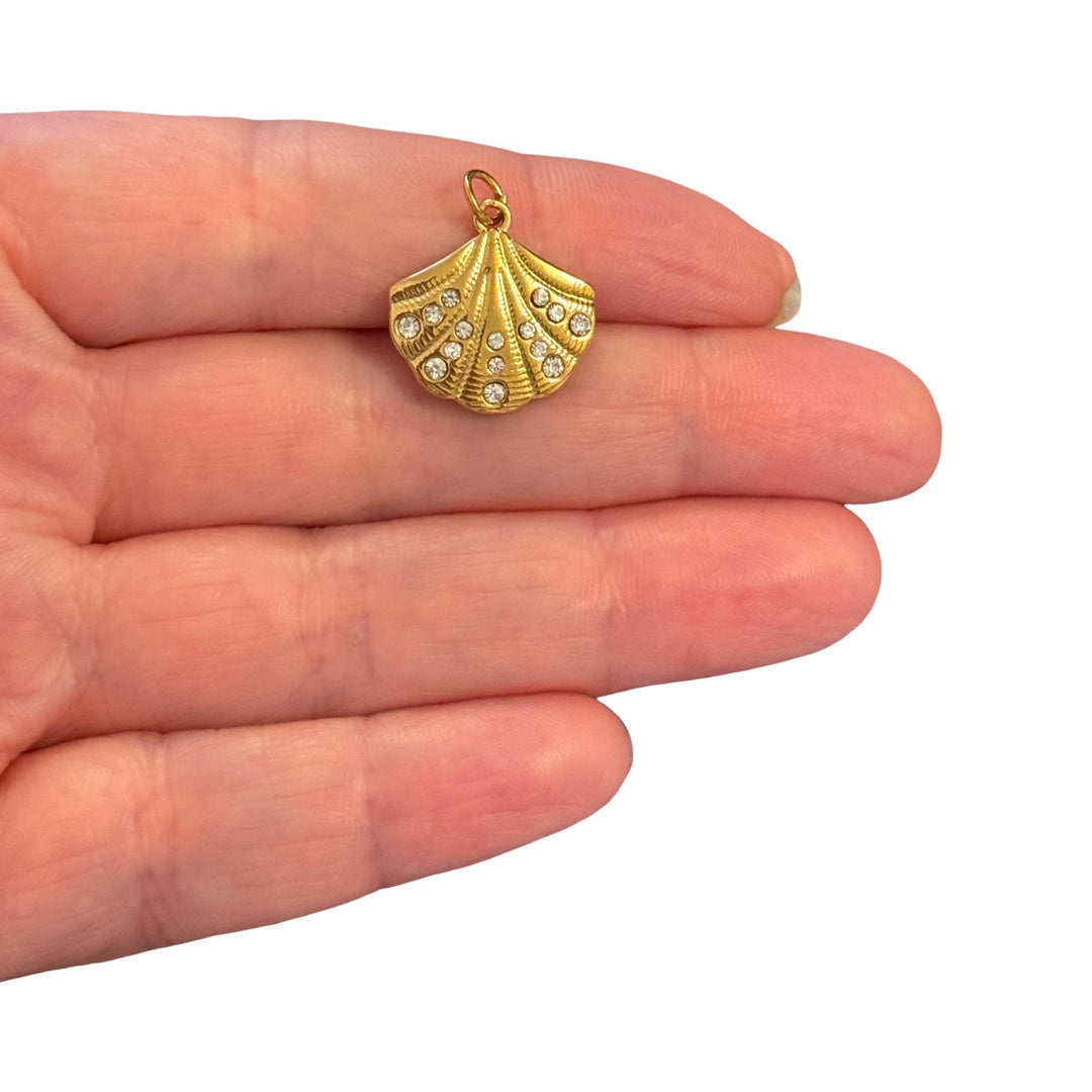 Waterproof 316L PVD Gold Plated Stainless Steel CZ Scallop Shell Pendant