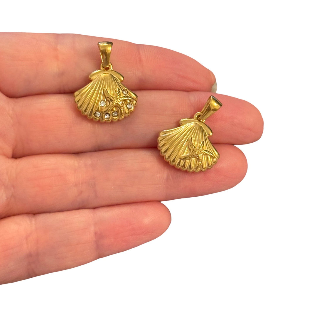 Waterproof 24Kt PVD Gold Plated 316L Stainless Steel Scallop Shell &amp; Starfish Pendant