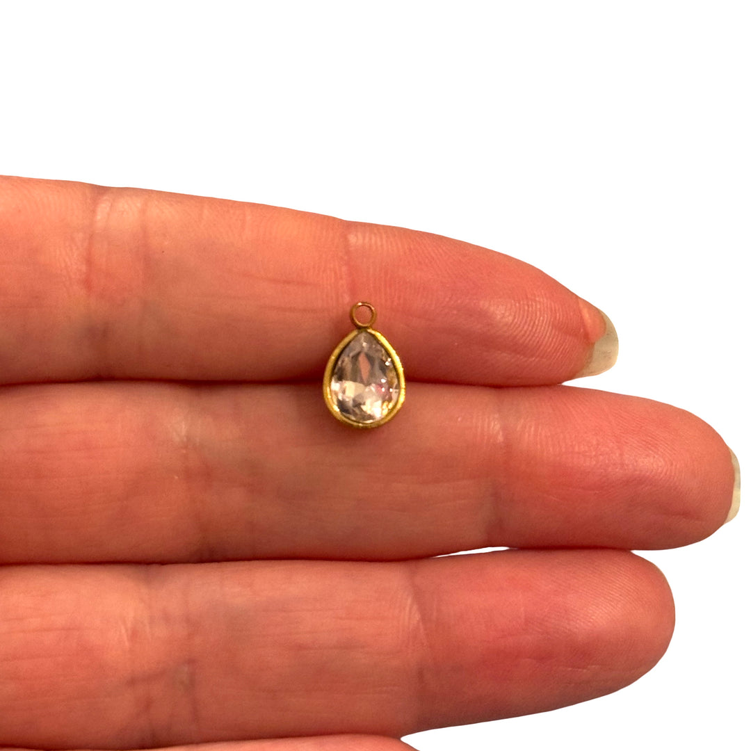 Waterproof 24K Gold Plated Stainless Steel Pink CZ Teardrop Charm / Pendant