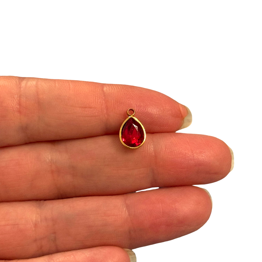 Waterproof 24K Gold Plated Stainless Steel Red CZ Teardrop Charm / Pendant