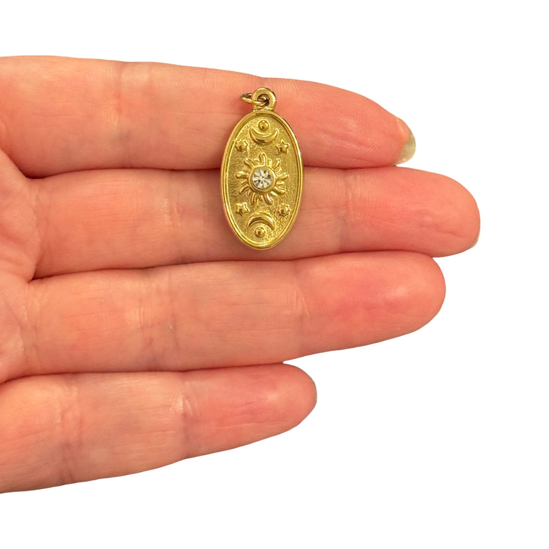 Waterproof 316L PVD Gold Plated Stainless Steel Sun &amp; Moon CZ Pendant, Celestial Oval Charm