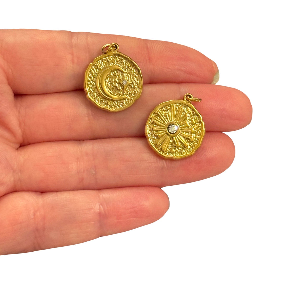 Waterproof 316L PVD Gold Plated Stainless Steel Celestial Coin Pendant – Sun &amp; Moon Double Sided Charm with Cubic Zirconia