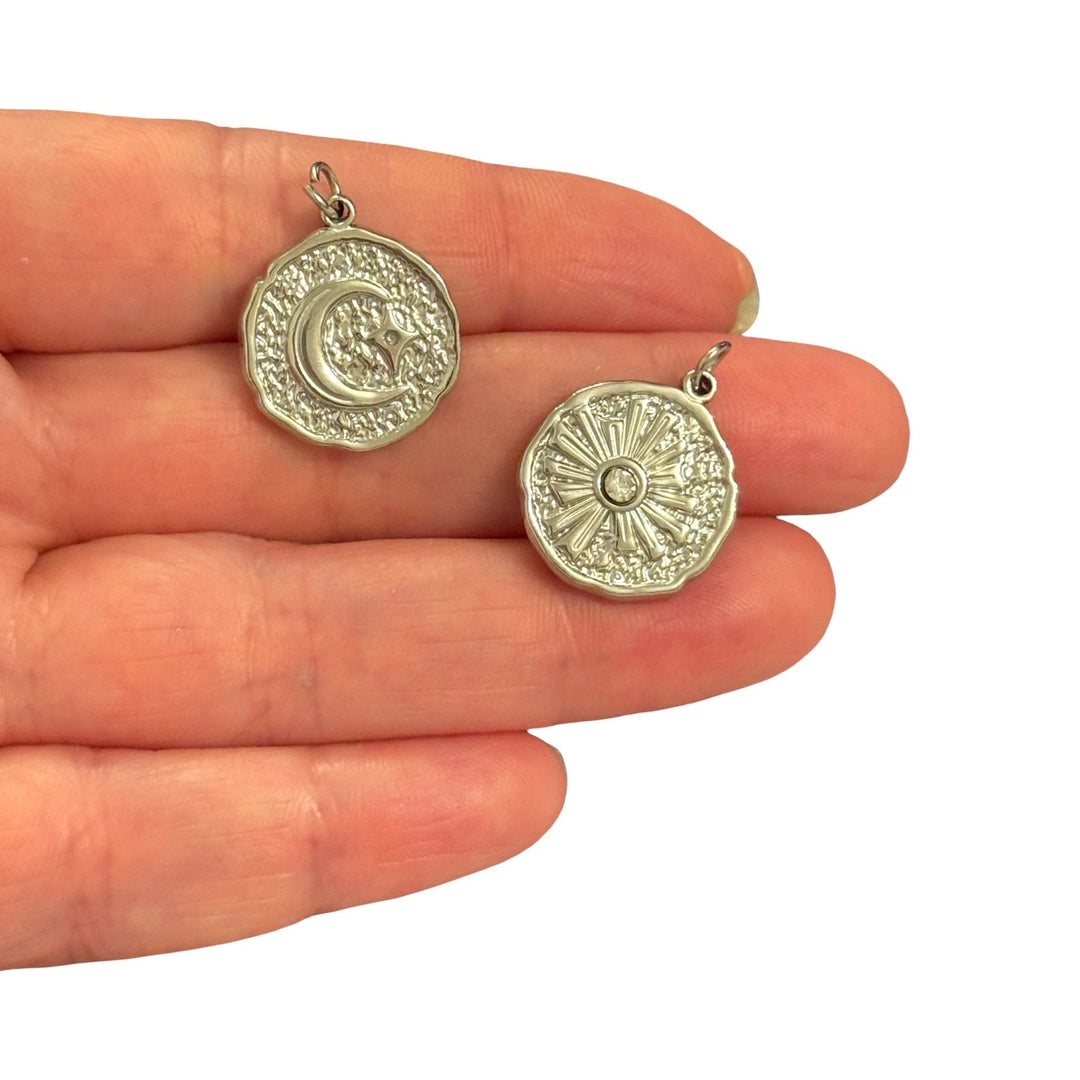 Waterproof 316L Stainless Steel Celestial Coin Pendant – Double Sided Sun &amp; Moon Charm with Cubic Zirconia