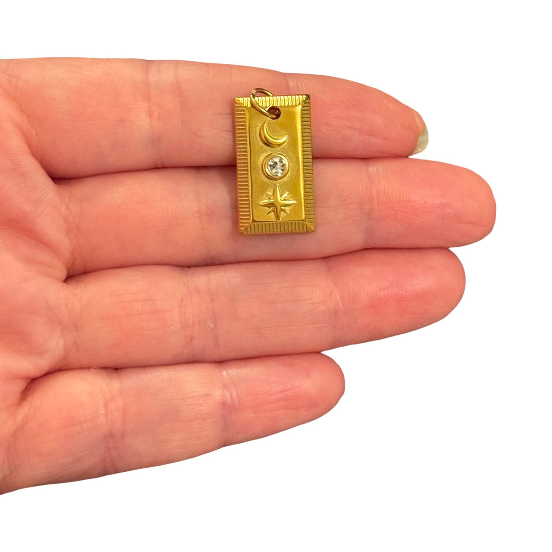 Waterproof 316L PVD Gold Plated Stainless Steel Celestial Rectangle Pendant – Moon, Star &amp; Cubic Zirconia Charm