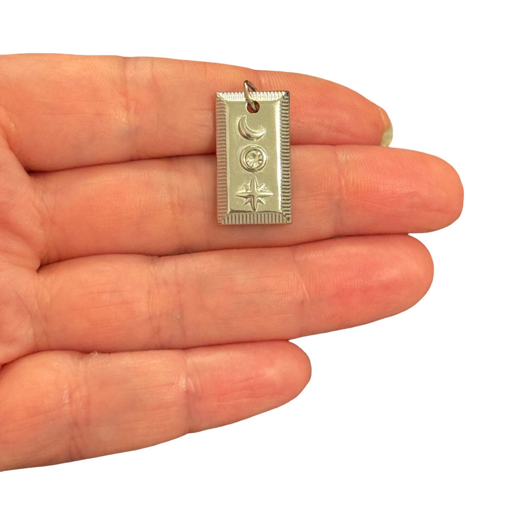 Waterproof 316L Stainless Steel Celestial Rectangle Pendant – Moon, Star &amp; Cubic Zirconia Charm