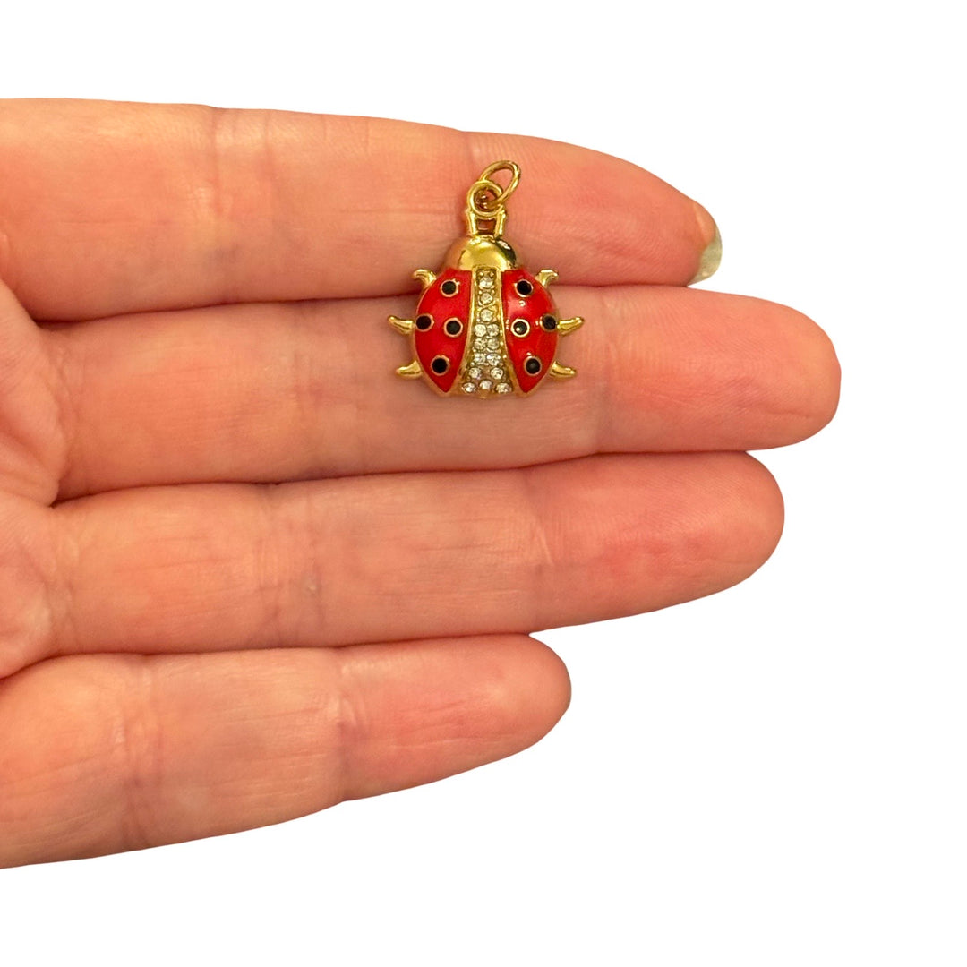 Waterproof 316L PVD Gold Plated Stainless Steel Red Enamel Ladybird Pendant with Cubic Zirconia