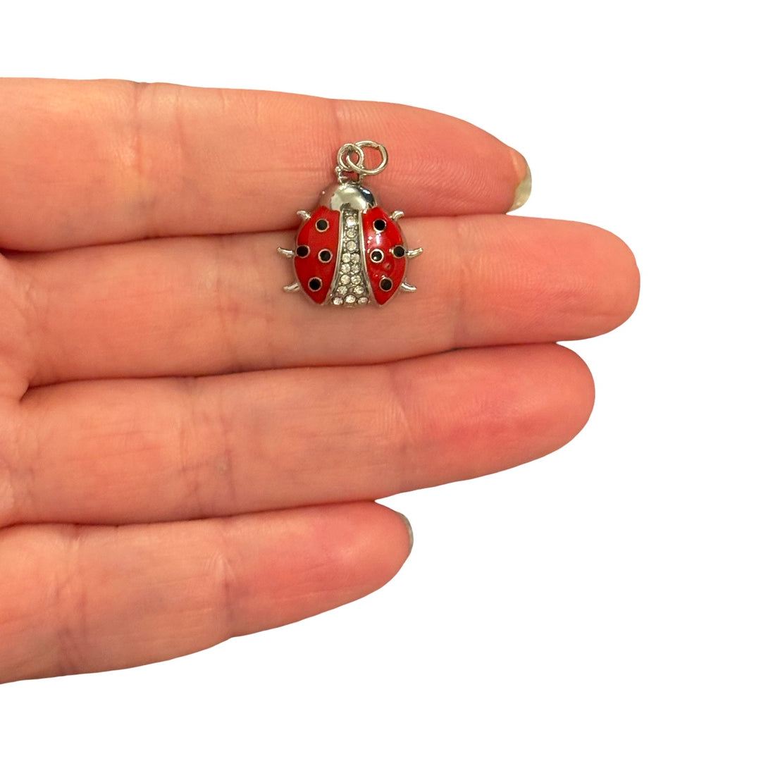 Waterproof 316L Stainless Steel Red Enamel Ladybird Pendant with Cubic Zirconia