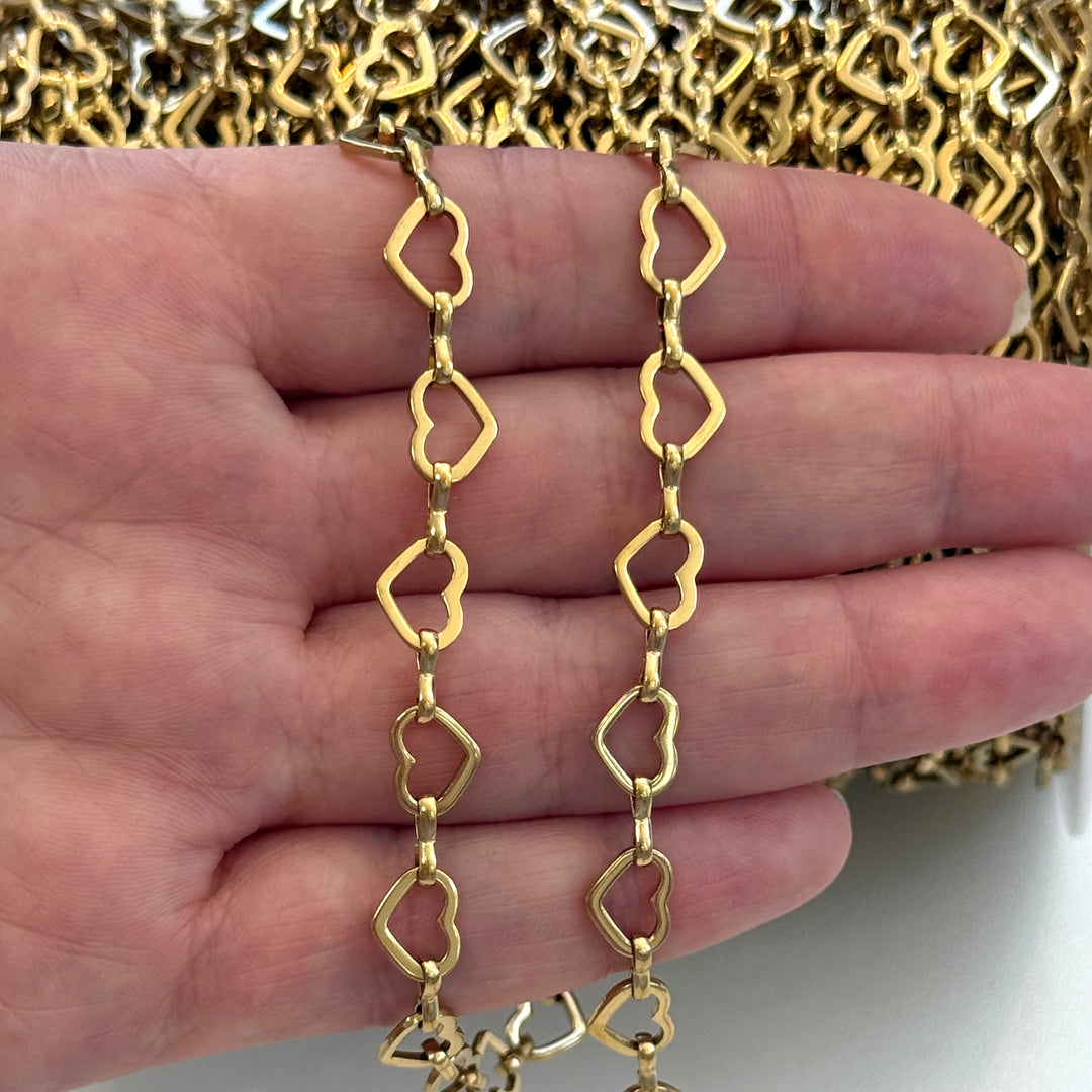 Waterproof 24Kt PVD Gold Plated 316L Stainless Steel Heart Link Chain by the Metre, Heart Links 10×7mm