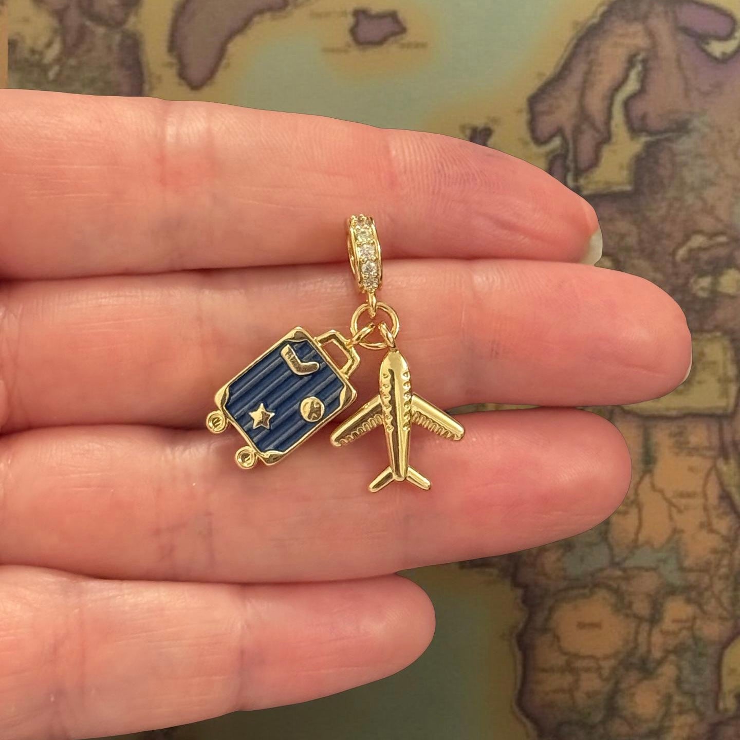 24Kt Gold Plated Suitcase & Airplane Charm with CZ Pavé Bail