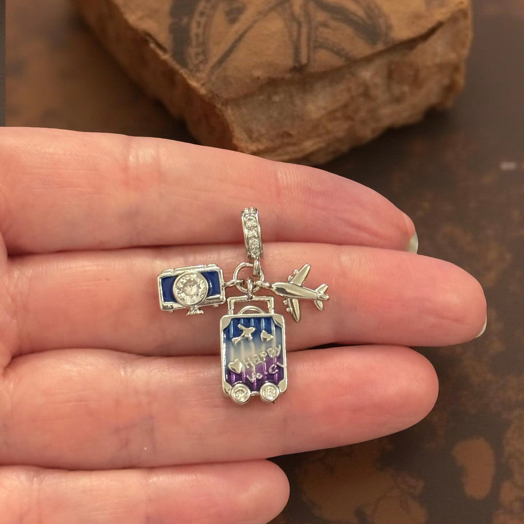 Rhodium Plated Travel Charm with CZ Accents – Suitcase, Camera &amp; Airplane