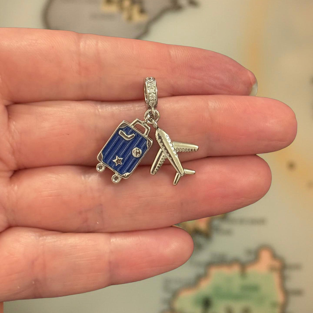 Rhodium Plated Suitcase &amp; Airplane Charm with CZ Pavé Bail