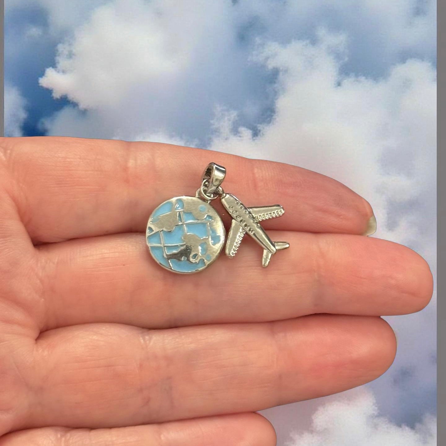 Rhodium Plated World Map & Airplane Charm Set