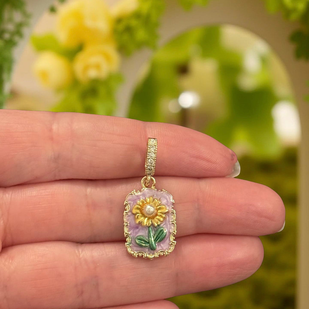 24Kt Gold Plated Floral Enamel Pendant with Pearl &amp; CZ Pavé Bail
