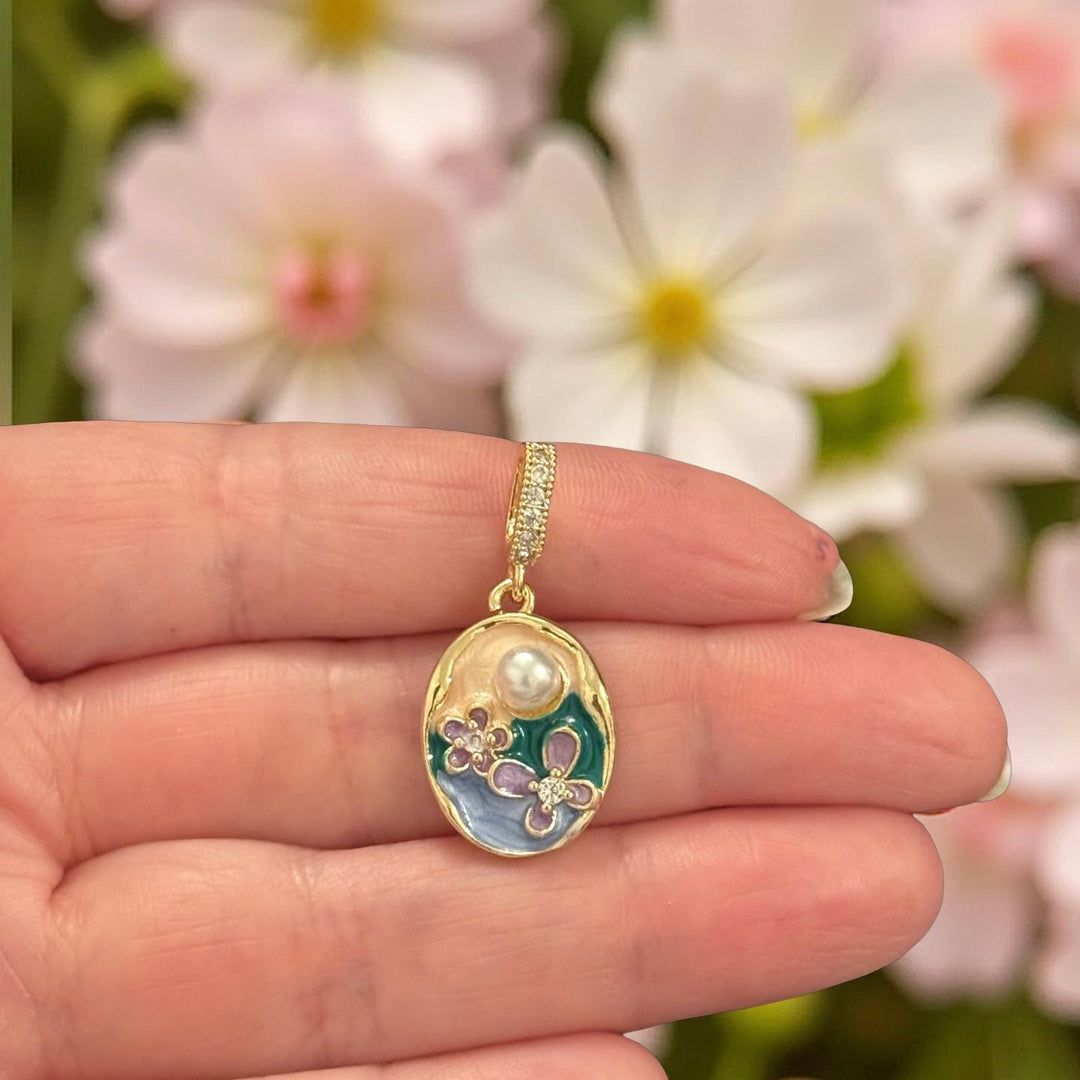 24Kt Gold Plated Oval Floral Enamel Pendant with Pearl &amp; CZ Details