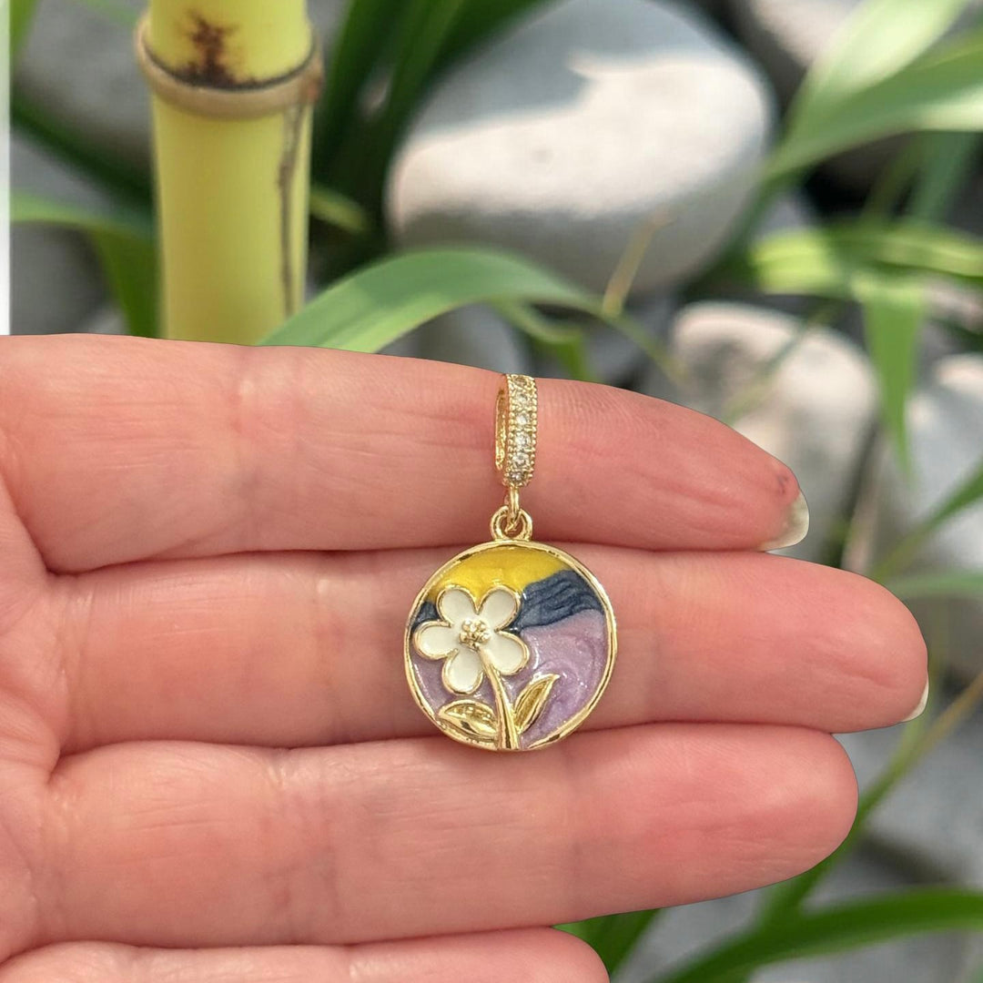 24Kt Gold Plated Round Floral Enamel Pendant with CZ &amp; Pavé Bail