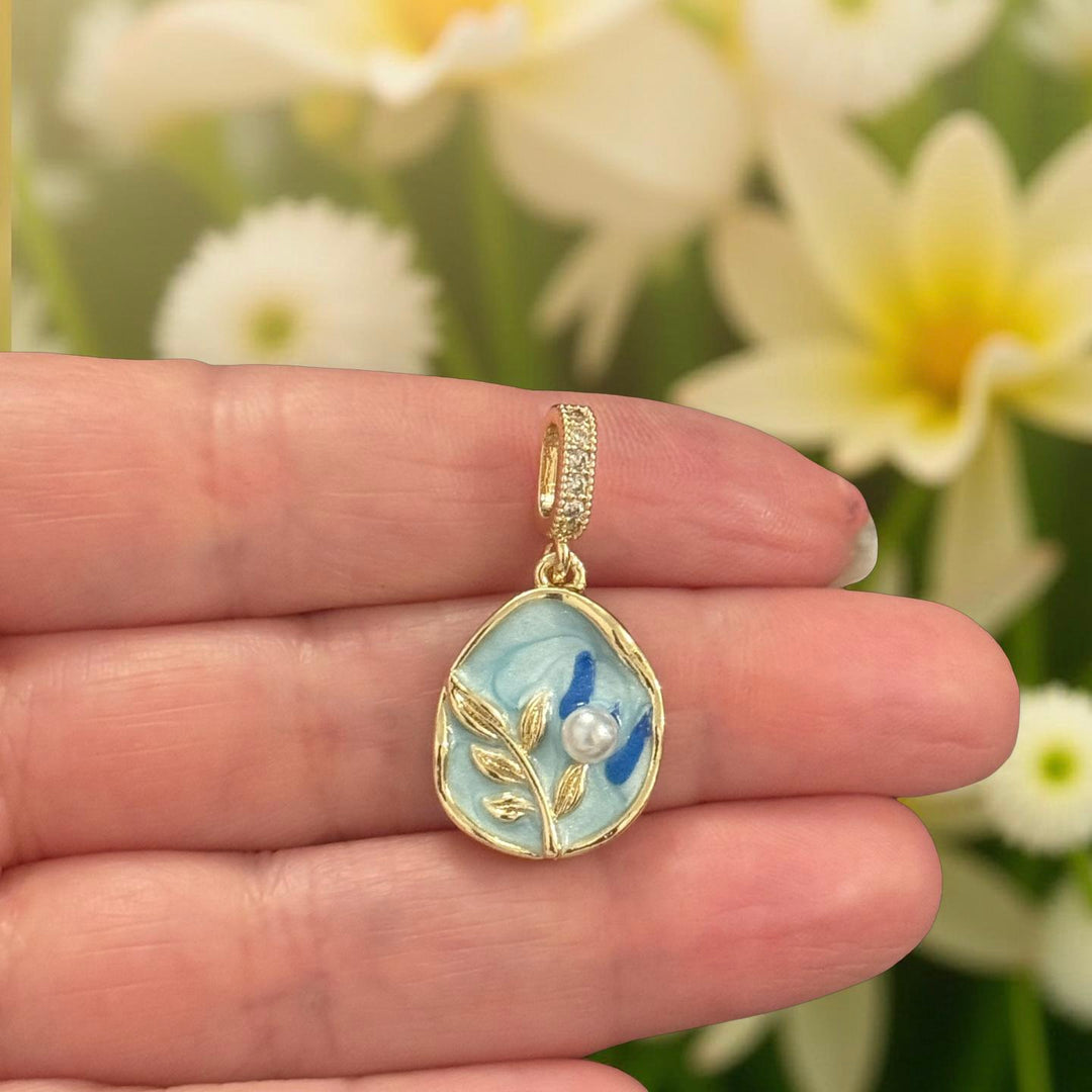 24Kt Gold Plated Leaf Enamel Pendant with Pearl &amp; CZ Pavé Bail