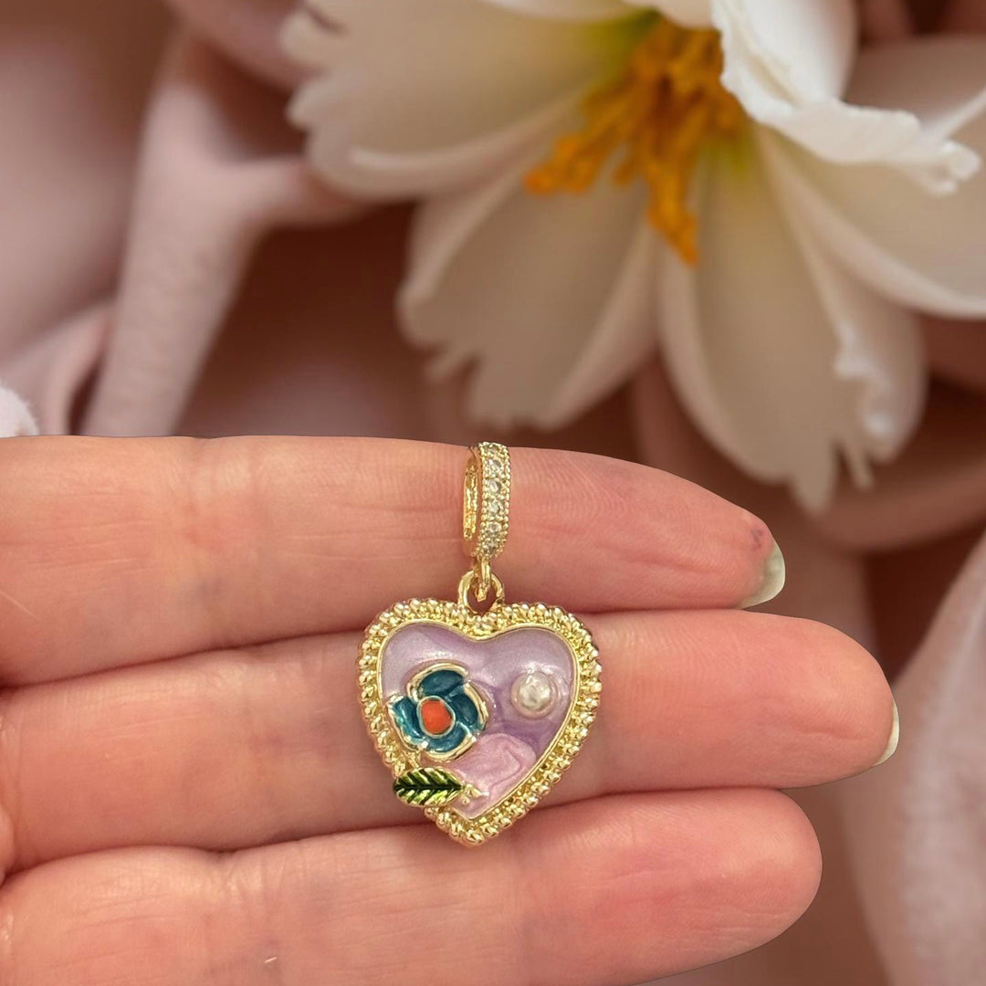 24Kt Gold Plated Heart Floral Enamel Pendant with Pearl &amp; CZ Pavé Bail