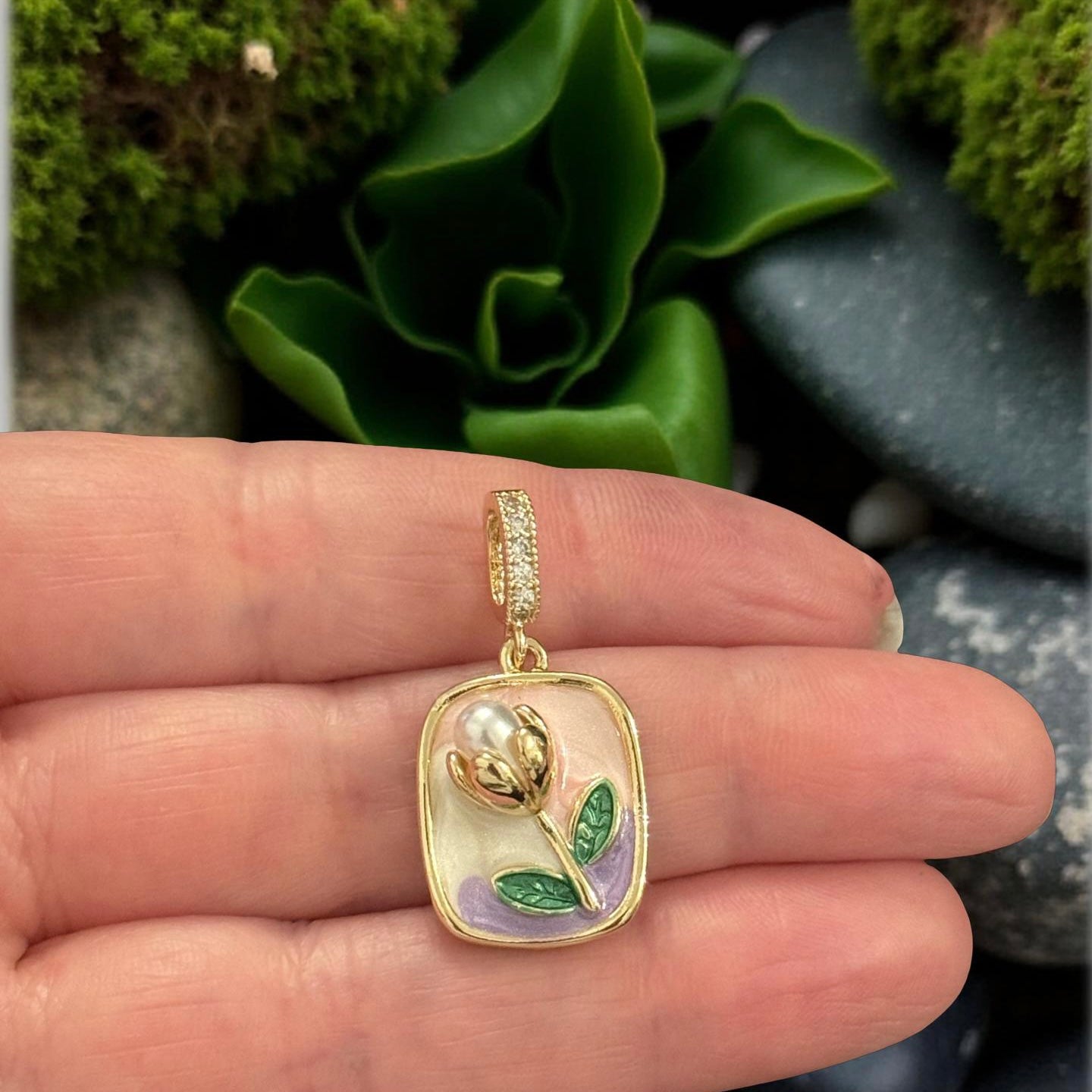 24Kt Gold Plated Rectangular Floral Enamel Pendant with Pearl & CZ Pavé Bail