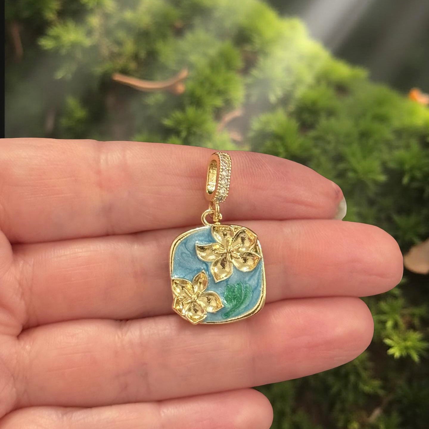 24Kt Gold Plated Square Floral Enamel Pendant with CZ Pavé Bail