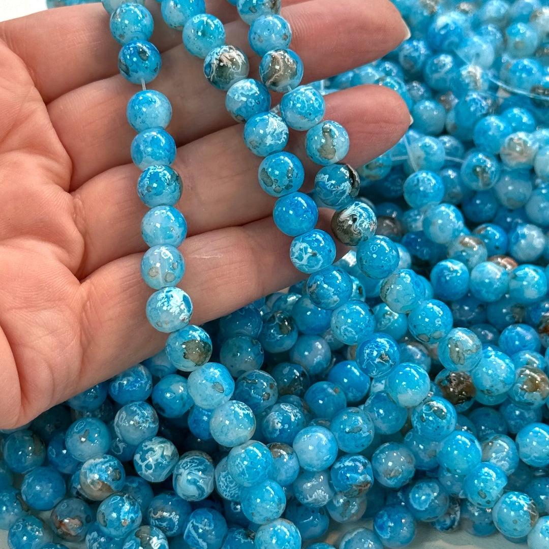 8mm Marbled glass beads, smooth round glass beads full strand 50 beads