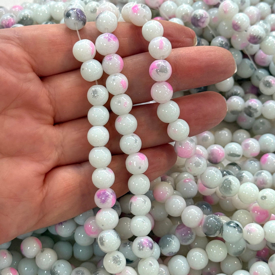 8mm Marbled glass beads, smooth round glass beads full strand 50 beads