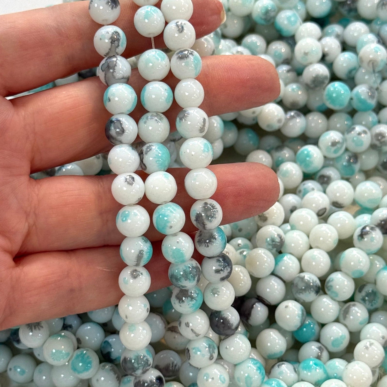 8mm Marbled glass beads, smooth round glass beads full strand 50 beads